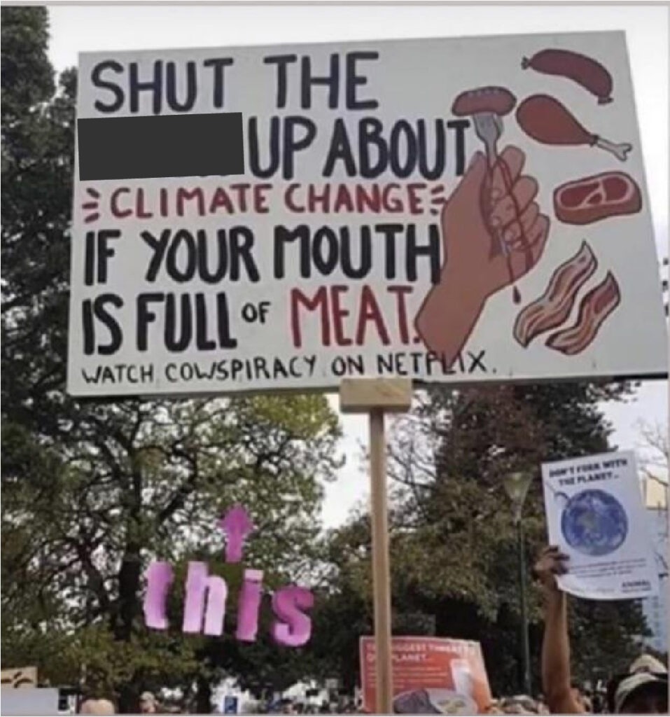A handmade protest sign reading 'Shut the f up about climate change if your mouth is full of meat', illustrated with images of meat products