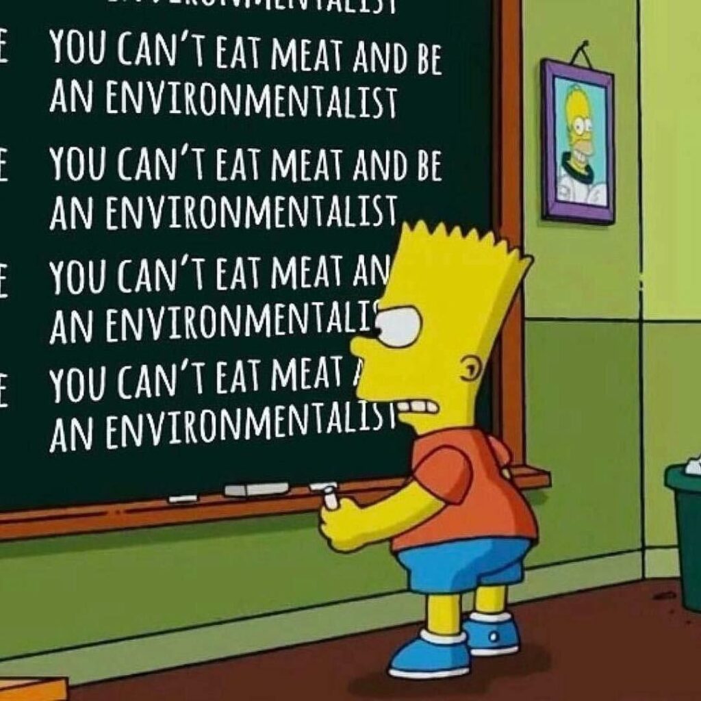 A meme of Bart Simpson writing lines on a blackboard, the lines read 'You can't eat meat and be an environmentalist'
