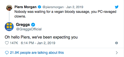A screenshot of a twitter exchange between Piers Morgan and Greggs regarding the vegan sausage roll.
